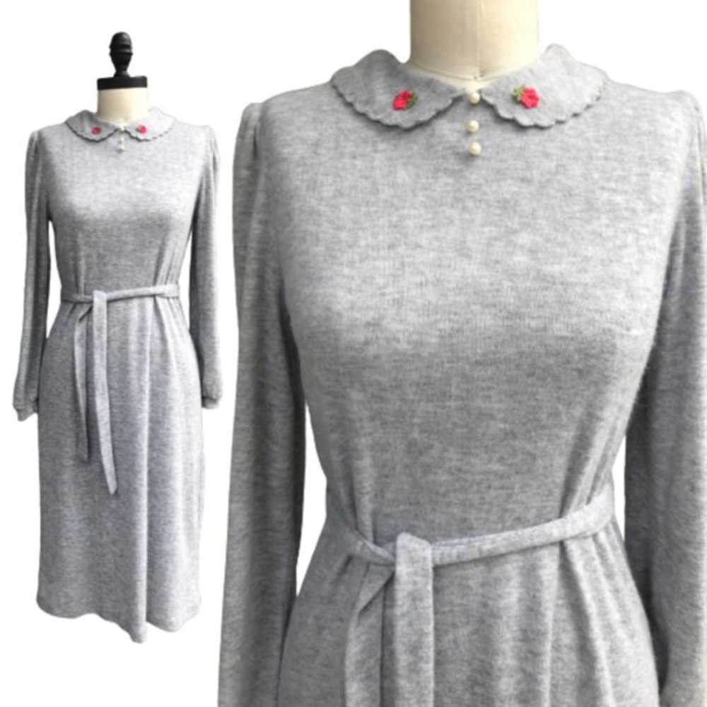 Vintage OOPS CALIFORNIA Coquette Gray Knit Puff Sleeve Belted Midi Dress XS/S